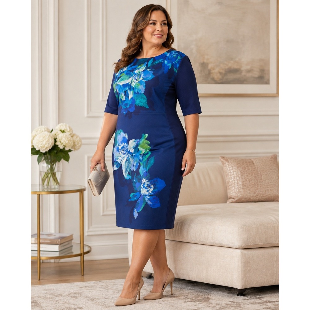 380. Isaac Mizrahi Live Blue Floral Sheath Dress Petite 4XP Boat Neck